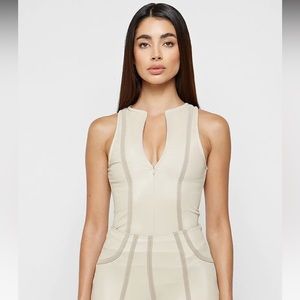 NWT Maniere De Voir Beige Racer Neck High Shine Bodysuit